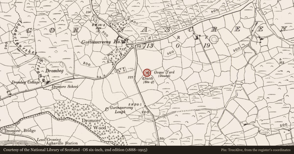 Ordnance Survey six-inch map, 2nd edition (1888–1915) covering the location of Burial ground, Gortnascreeny, County Cork, with a pin at the register's coordinates