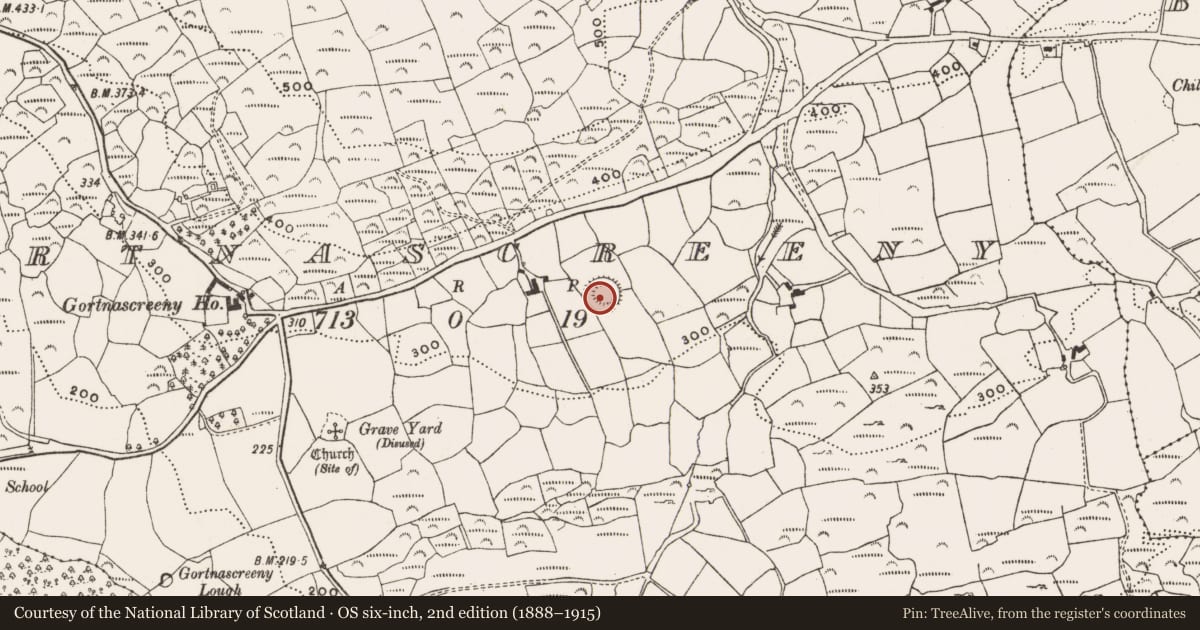 Ordnance Survey six-inch map, 2nd edition (1888–1915) covering the location of Ringfort - rath, Gortnascreeny, County Cork, with a pin at the register's coordinates