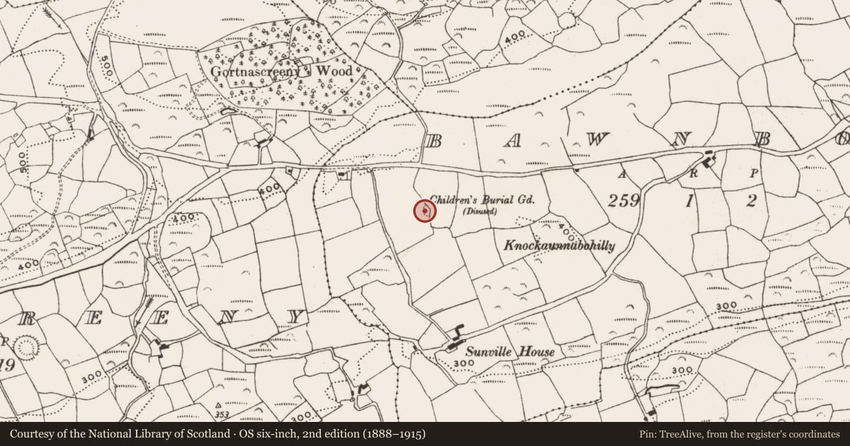 Ordnance Survey six-inch map, 2nd edition (1888–1915) covering the location of Burial ground, Bawnboy, County Cork, with a pin at the register's coordinates