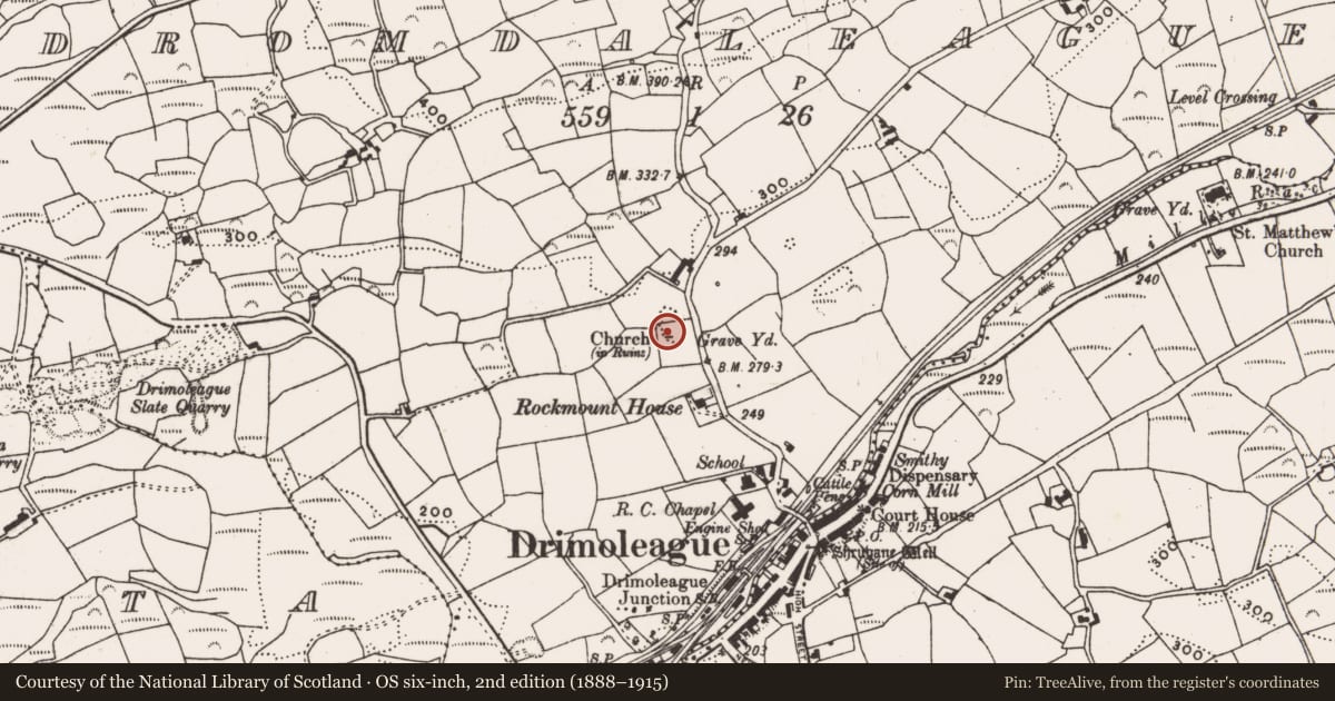 Ordnance Survey six-inch map, 2nd edition (1888–1915) covering the location of Souterrain, Dromdaleague, County Cork, with a pin at the register's coordinates