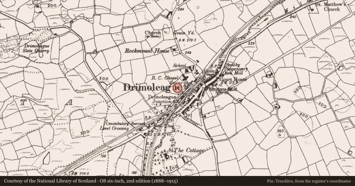 Ordnance Survey six-inch map, 2nd edition (1888–1915) covering the location of Souterrain, Dromdaleague, County Cork, with a pin at the register's coordinates
