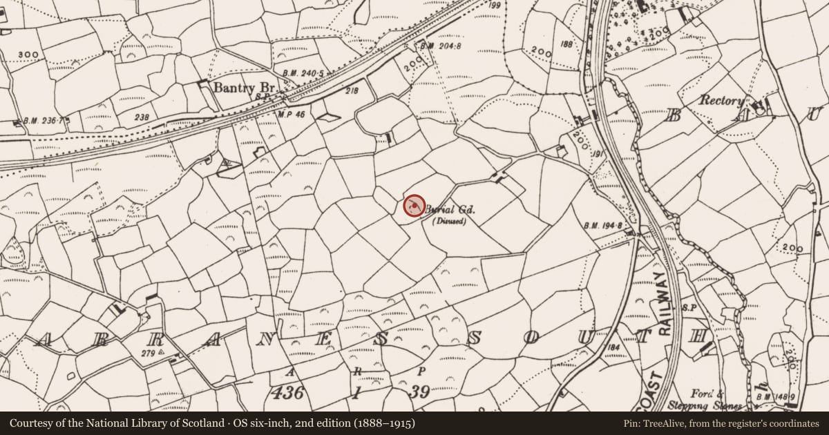 Ordnance Survey six-inch map, 2nd edition (1888–1915) covering the location of Burial ground, Garranes South, County Cork, with a pin at the register's coordinates