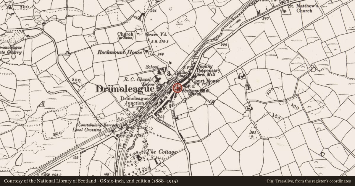 Ordnance Survey six-inch map, 2nd edition (1888–1915) covering the location of Ritual site - holy well, Baurnahulla, County Cork, with a pin at the register's coordinates