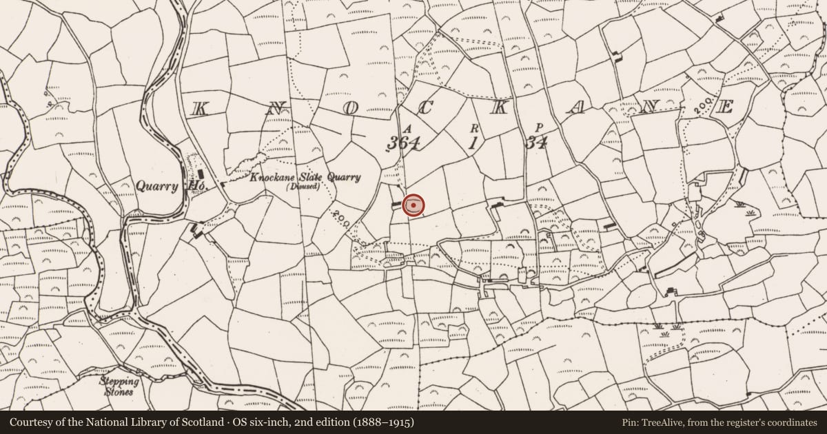 Ordnance Survey six-inch map, 2nd edition (1888–1915) covering the location of Souterrain, Knockane, County Cork, with a pin at the register's coordinates