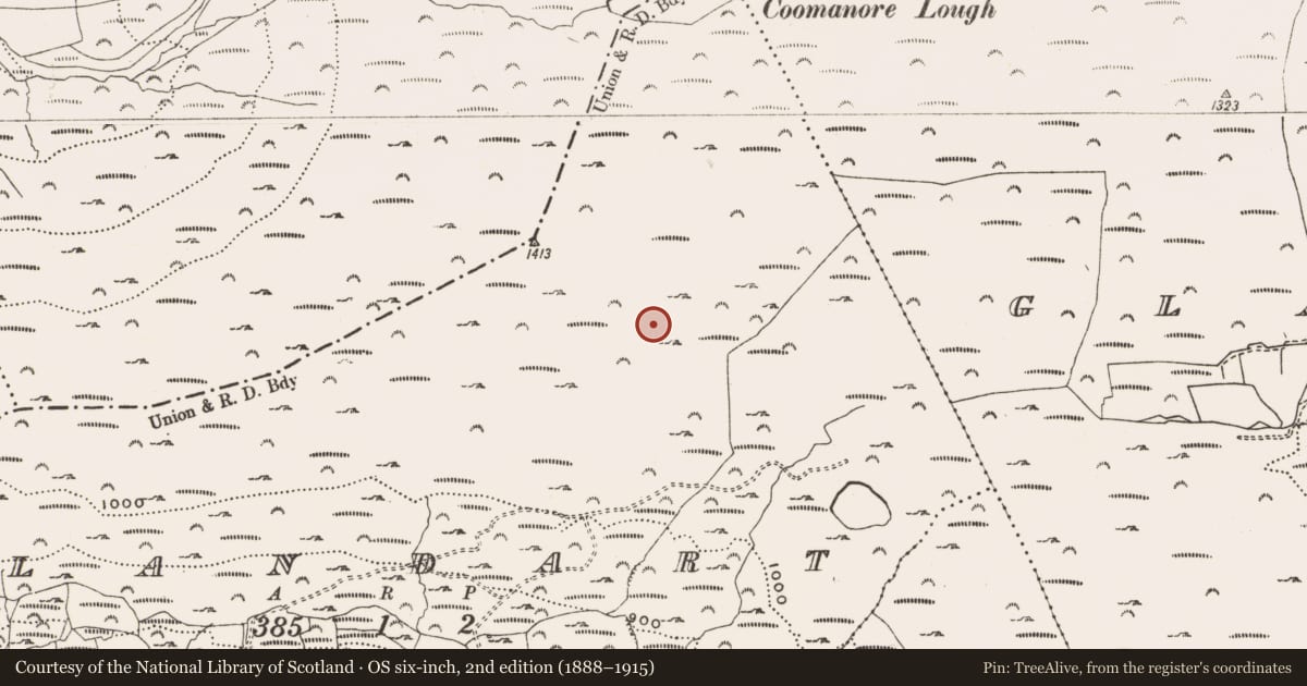 Ordnance Survey six-inch map, 2nd edition (1888–1915) covering the location of Hut site, Glandart, County Cork, with a pin at the register's coordinates