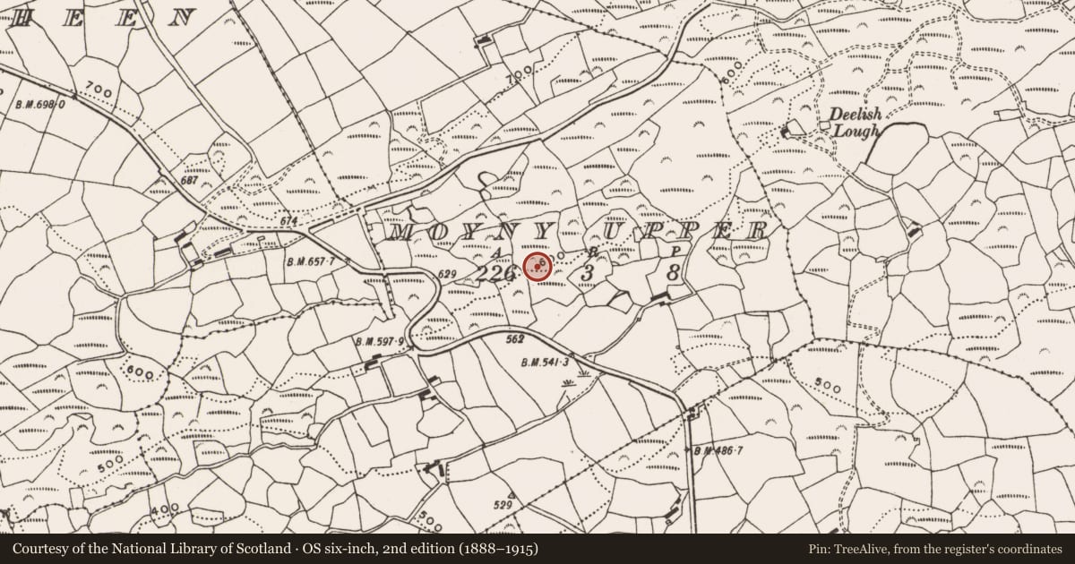 Ordnance Survey six-inch map, 2nd edition (1888–1915) covering the location of Enclosure, Moyny Upper, County Cork, with a pin at the register's coordinates