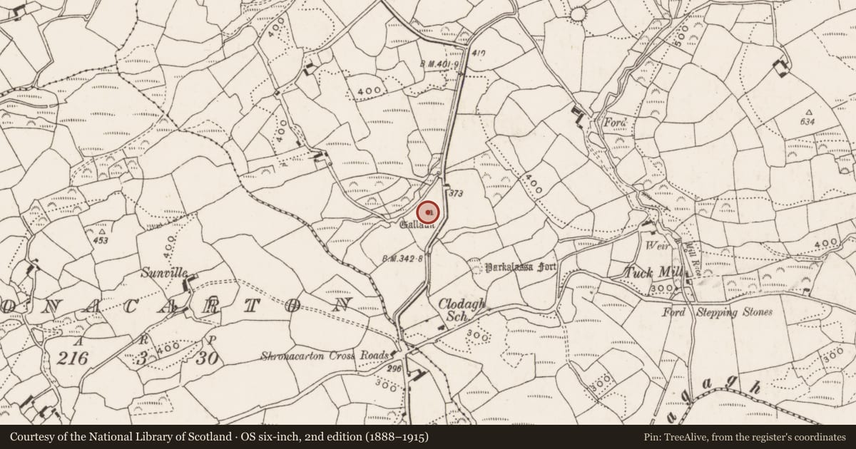 Ordnance Survey six-inch map, 2nd edition (1888–1915) covering the location of Standing stone, Clodagh, County Cork, with a pin at the register's coordinates