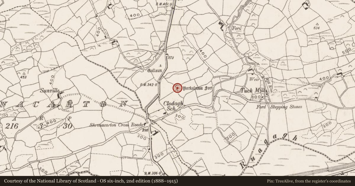 Ordnance Survey six-inch map, 2nd edition (1888–1915) covering the location of Ringfort - rath, Clodagh, County Cork, with a pin at the register's coordinates