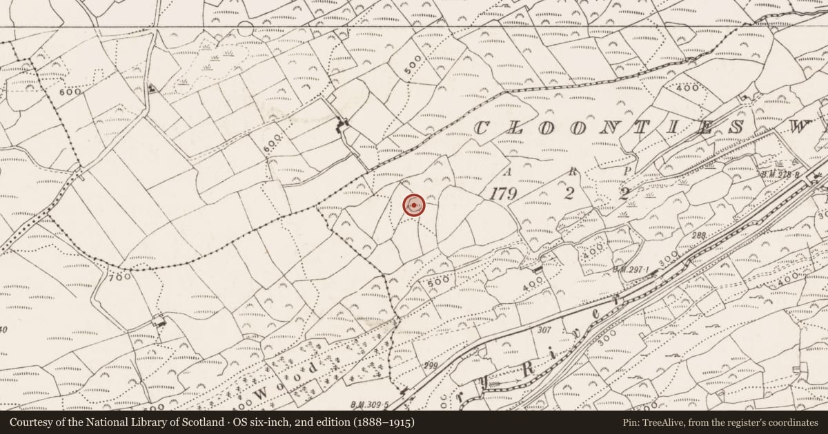 Ordnance Survey six-inch map, 2nd edition (1888–1915) covering the location of Ringfort - rath, Cloonties West, County Cork, with a pin at the register's coordinates