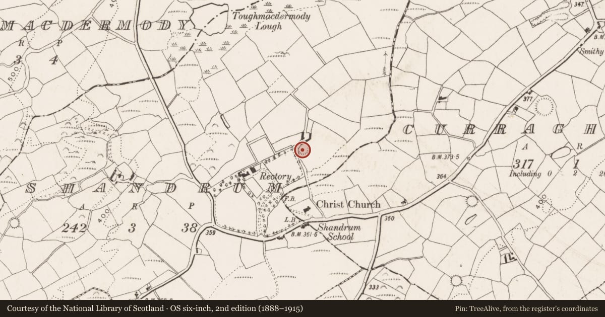 Ordnance Survey six-inch map, 2nd edition (1888–1915) covering the location of Ringfort - rath, Shandrum, County Cork, with a pin at the register's coordinates