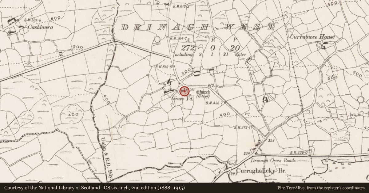 Ordnance Survey six-inch map, 2nd edition (1888–1915) covering the location of Graveyard, Drinagh West, County Cork, with a pin at the register's coordinates