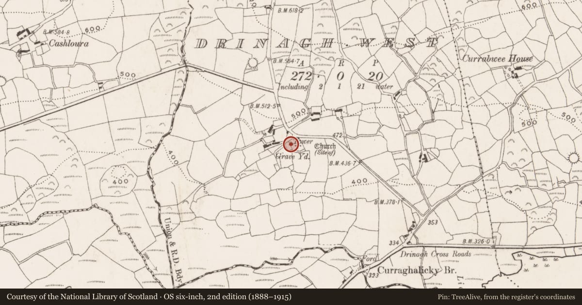 Ordnance Survey six-inch map, 2nd edition (1888–1915) covering the location of Church, Drinagh West, County Cork, with a pin at the register's coordinates