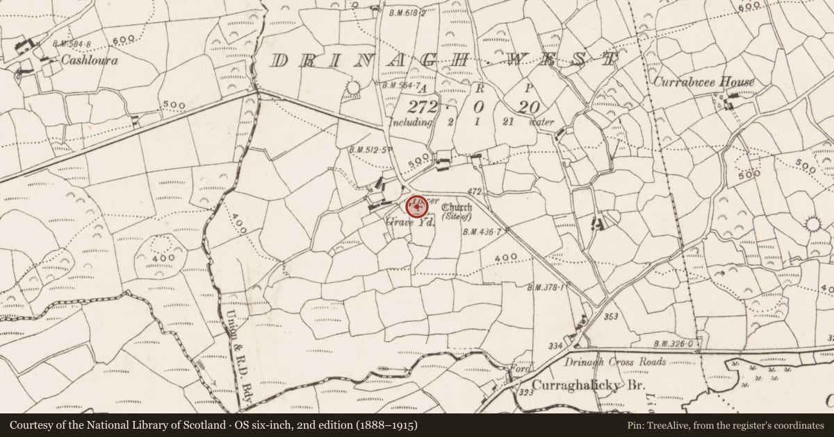 Ordnance Survey six-inch map, 2nd edition (1888–1915) covering the location of Church, Drinagh West, County Cork, with a pin at the register's coordinates