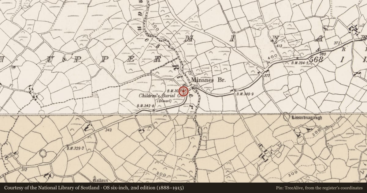Ordnance Survey six-inch map, 2nd edition (1888–1915) covering the location of Burial ground, Derryclogh Lower, County Cork, with a pin at the register's coordinates