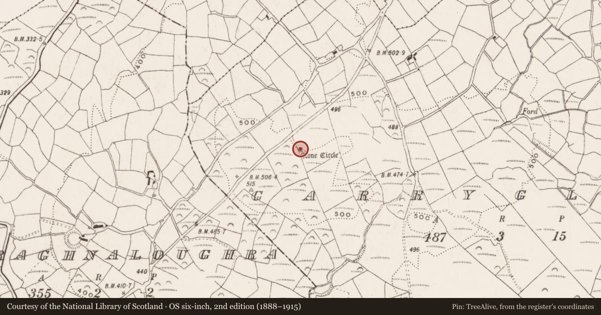 Ordnance Survey six-inch map, 2nd edition (1888–1915) covering the location of Stone circle - multiple-stone, Garryglass, County Cork, with a pin at the register's coordinates