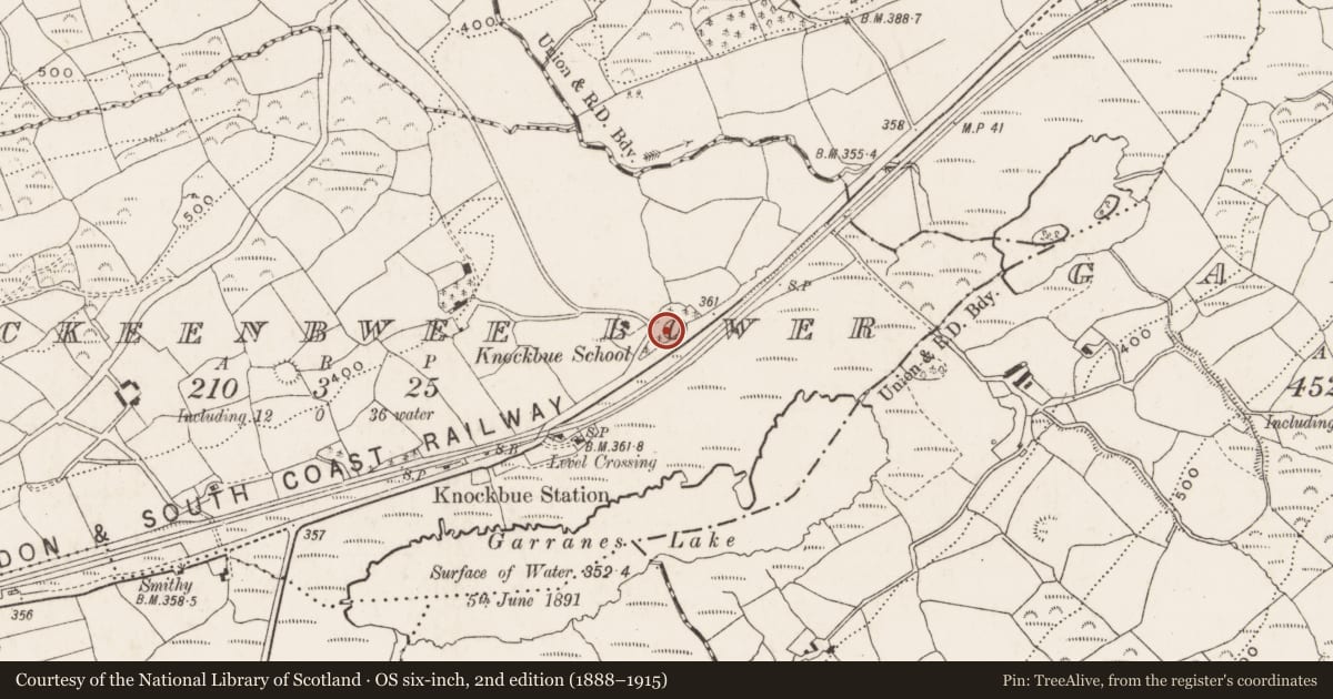 Ordnance Survey six-inch map, 2nd edition (1888–1915) covering the location of Souterrain, Knockeenbwee Lower, County Cork, with a pin at the register's coordinates