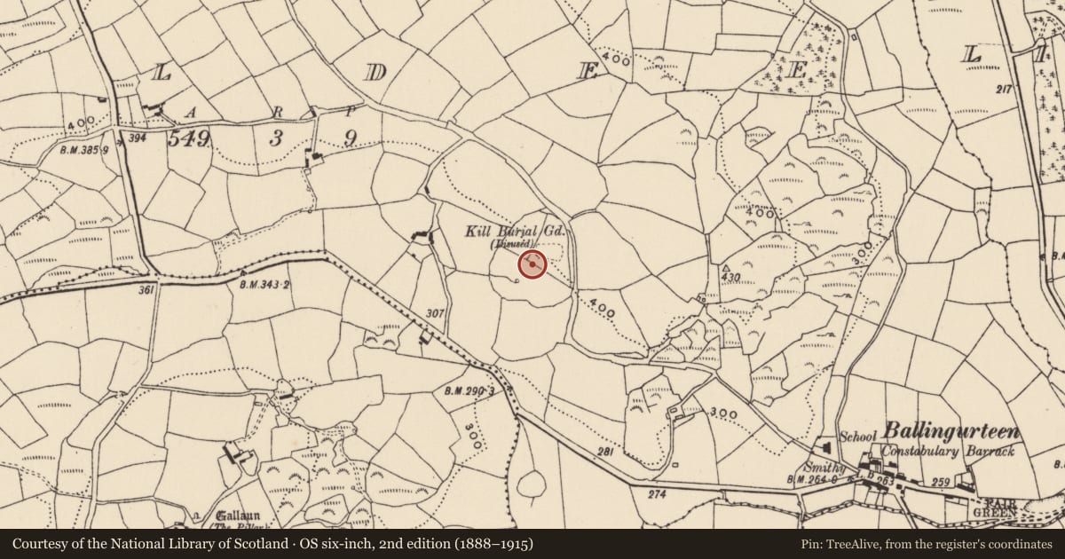 Ordnance Survey six-inch map, 2nd edition (1888–1915) covering the location of Ecclesiastical enclosure, Kildee, County Cork, with a pin at the register's coordinates