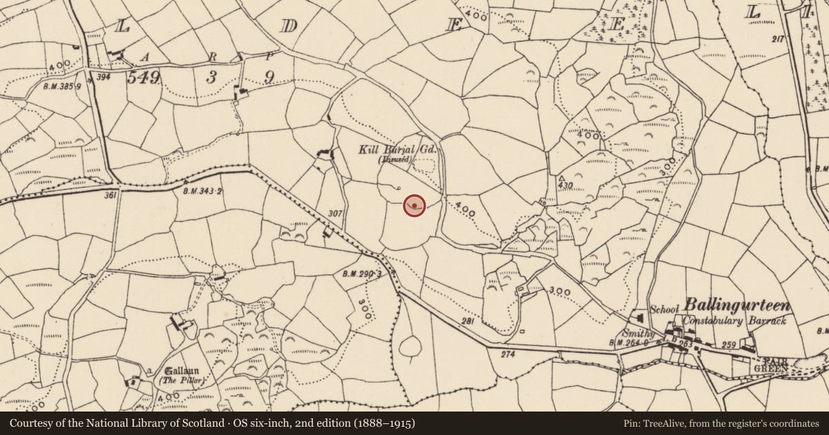 Ordnance Survey six-inch map, 2nd edition (1888–1915) covering the location of Mound, Kildee, County Cork, with a pin at the register's coordinates