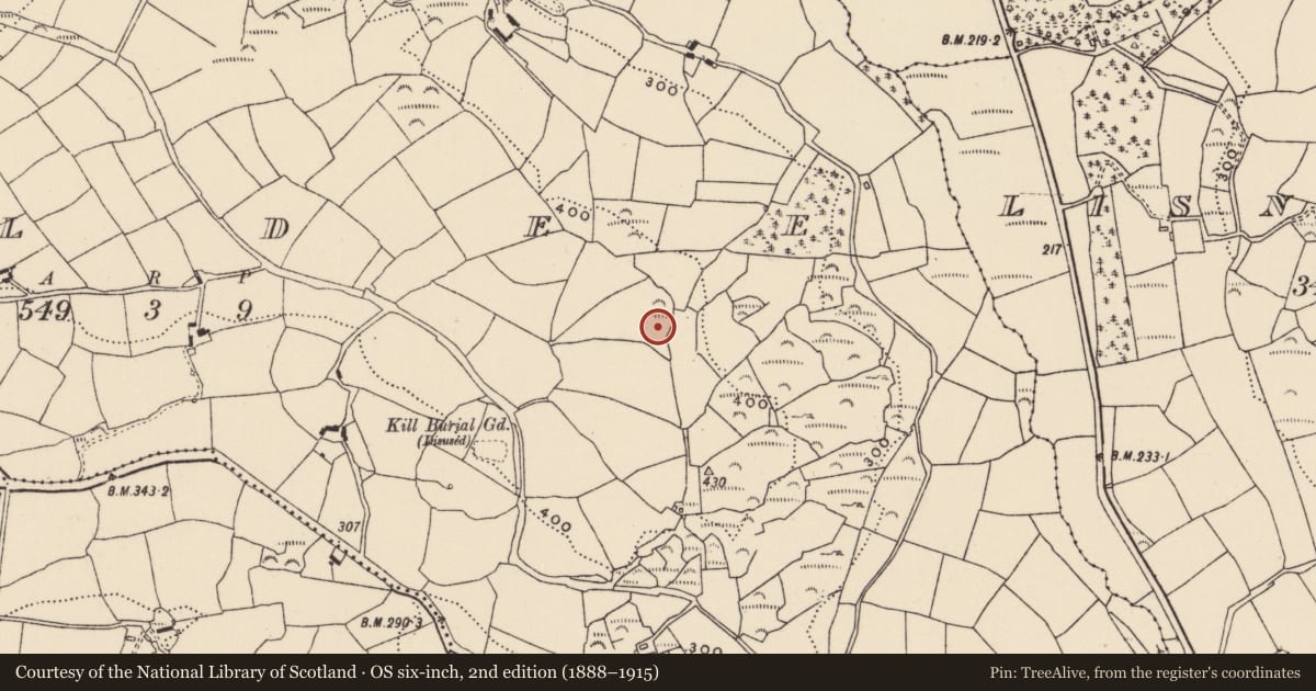 Ordnance Survey six-inch map, 2nd edition (1888–1915) covering the location of Enclosure, Kildee, County Cork, with a pin at the register's coordinates