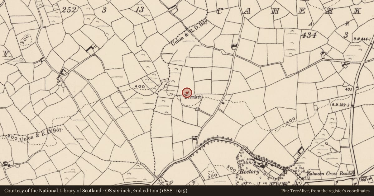 Ordnance Survey six-inch map, 2nd edition (1888–1915) covering the location of Boulder-burial, Caherkirky, County Cork, with a pin at the register's coordinates