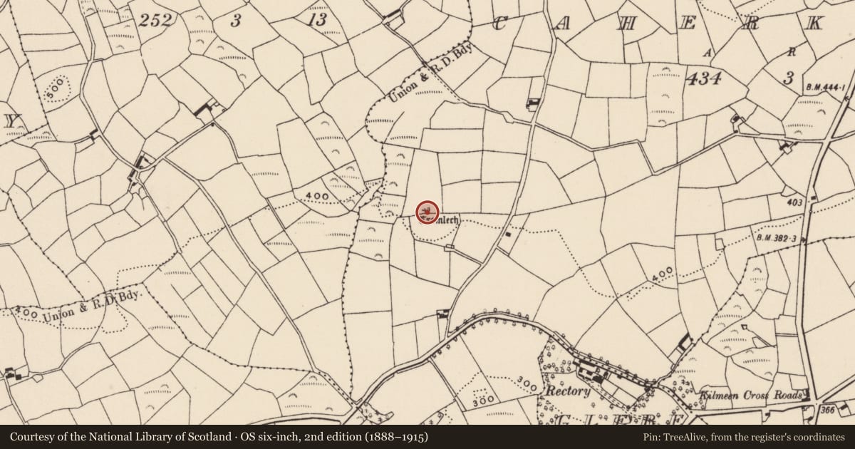 Ordnance Survey six-inch map, 2nd edition (1888–1915) covering the location of Boulder-burial, Caherkirky, County Cork, with a pin at the register's coordinates