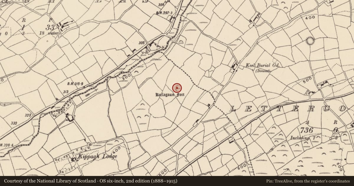 Ordnance Survey six-inch map, 2nd edition (1888–1915) covering the location of Ringfort - rath, Kippagh, County Cork, with a pin at the register's coordinates