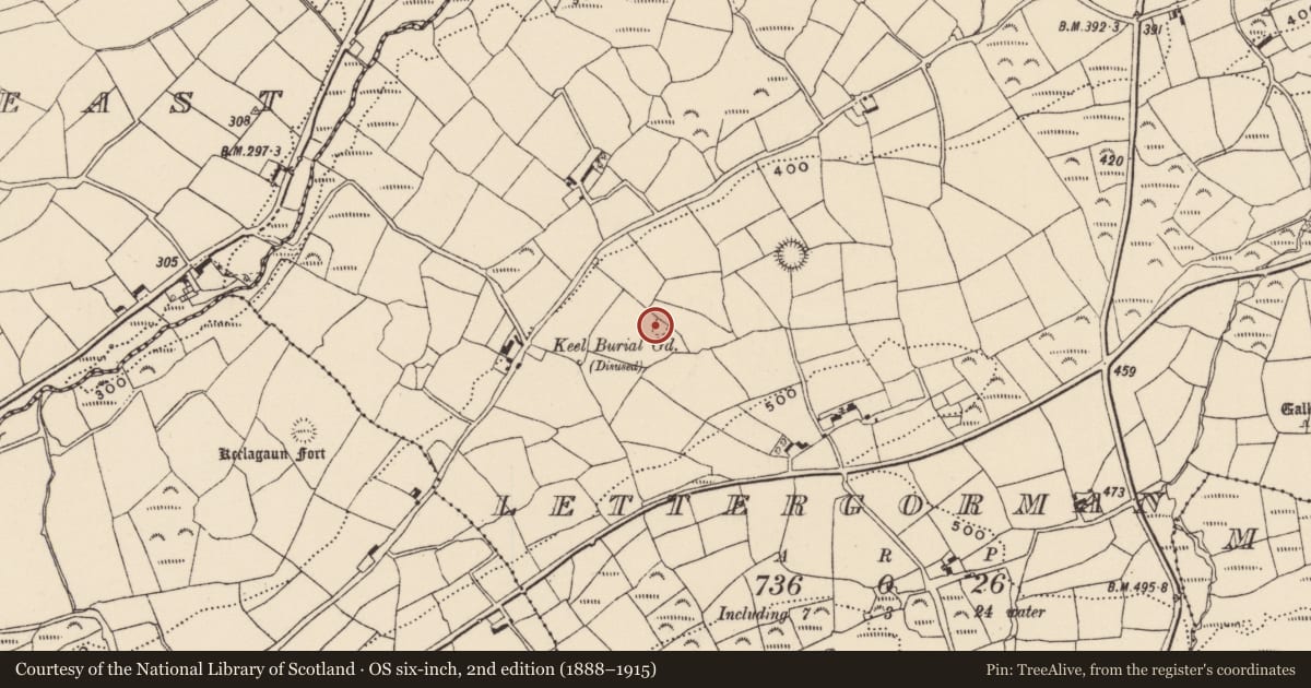Ordnance Survey six-inch map, 2nd edition (1888–1915) covering the location of Burial ground, Lettergorman, County Cork, with a pin at the register's coordinates