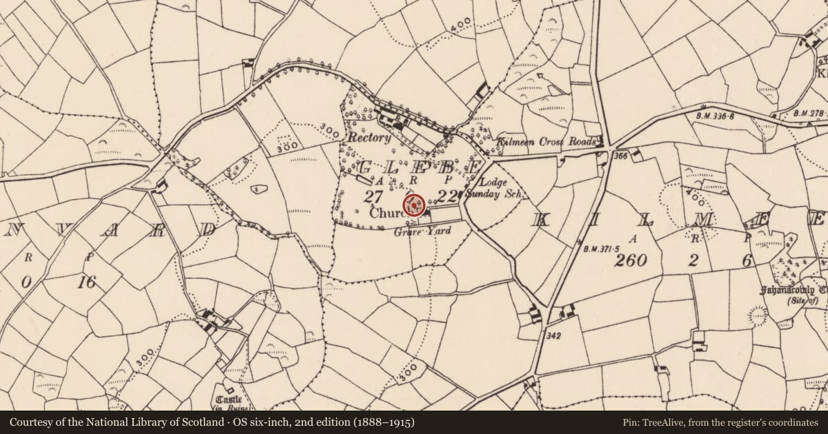 Ordnance Survey six-inch map, 2nd edition (1888–1915) covering the location of Ritual site - holy well, Glebe, County Cork, with a pin at the register's coordinates
