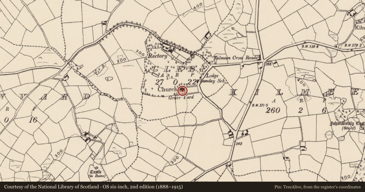 Ordnance Survey six-inch map, 2nd edition (1888–1915) covering the location of Graveyard, Glebe, County Cork, with a pin at the register's coordinates