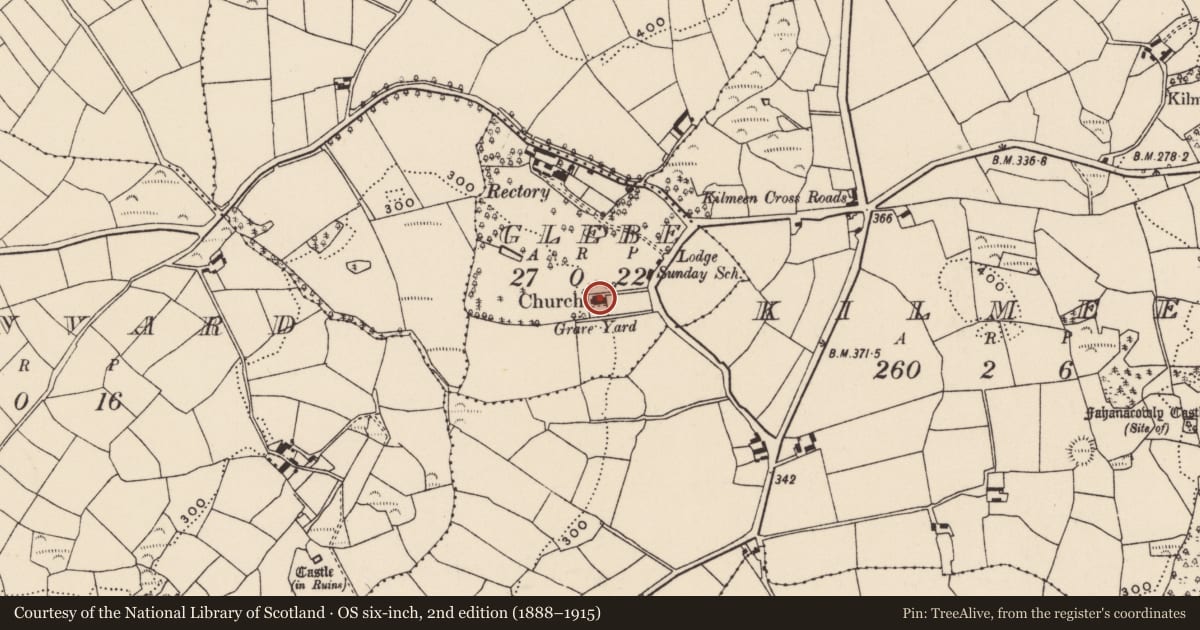 Ordnance Survey six-inch map, 2nd edition (1888–1915) covering the location of Church, Glebe, County Cork, with a pin at the register's coordinates