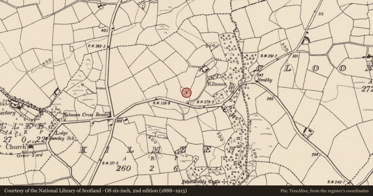 Ordnance Survey six-inch map, 2nd edition (1888–1915) covering the location of Ringfort - rath, Kilmeen, County Cork, with a pin at the register's coordinates
