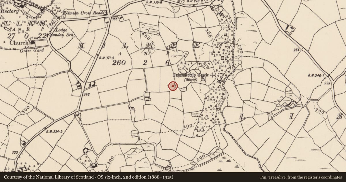 Ordnance Survey six-inch map, 2nd edition (1888–1915) covering the location of Ringfort - rath, Kilmeen, County Cork, with a pin at the register's coordinates