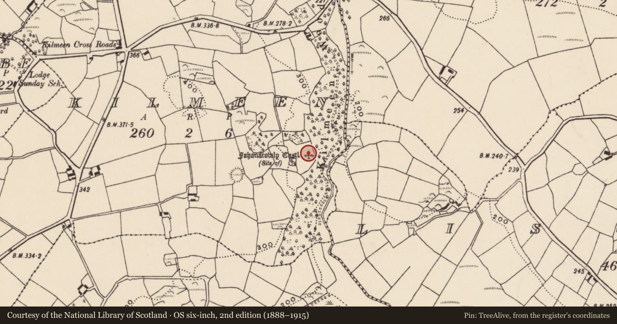 Ordnance Survey six-inch map, 2nd edition (1888–1915) covering the location of Castle - unclassified, Kilmeen, County Cork, with a pin at the register's coordinates