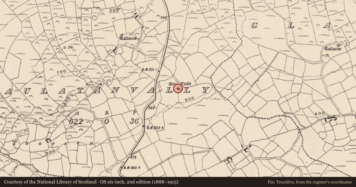 Ordnance Survey six-inch map, 2nd edition (1888–1915) covering the location of Stone circle - multiple-stone, Maulatanvally, County Cork, with a pin at the register's coordinates