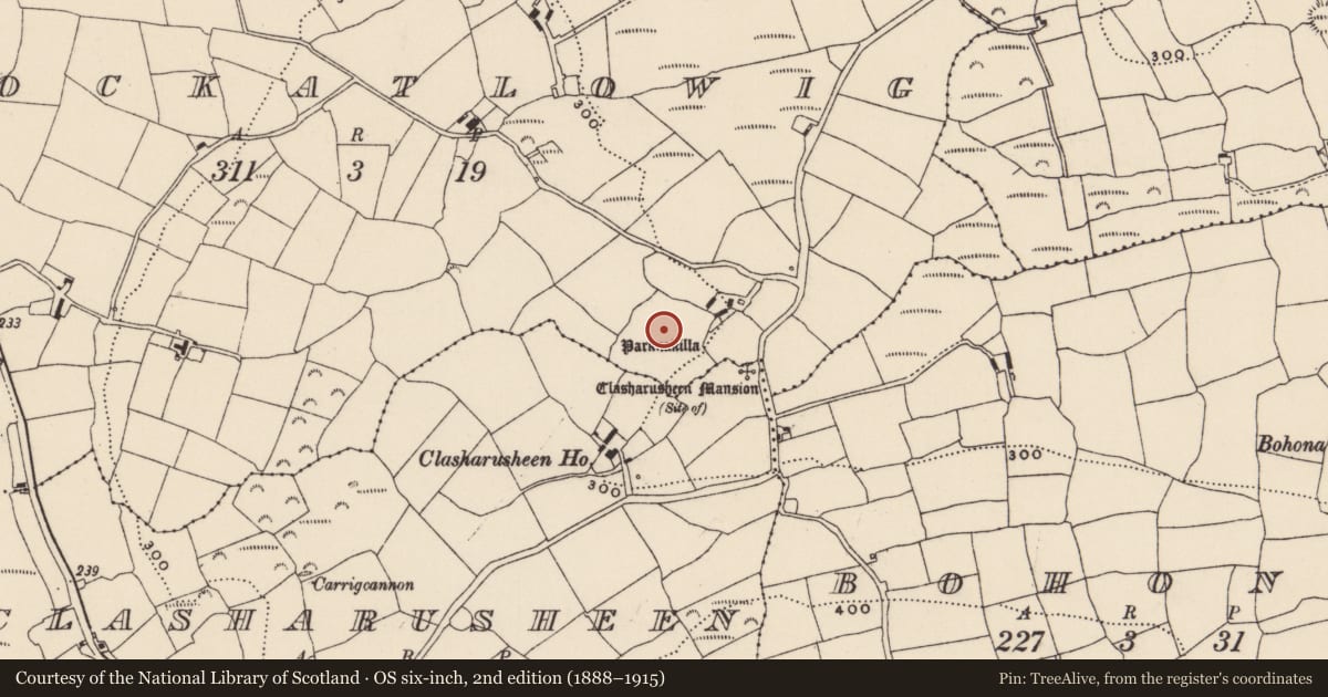 Ordnance Survey six-inch map, 2nd edition (1888–1915) covering the location of Mass-rock, Knockatlowig, County Cork, with a pin at the register's coordinates