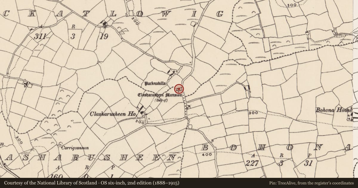 Ordnance Survey six-inch map, 2nd edition (1888–1915) covering the location of Castle - unclassified, Clasharusheen, County Cork, with a pin at the register's coordinates