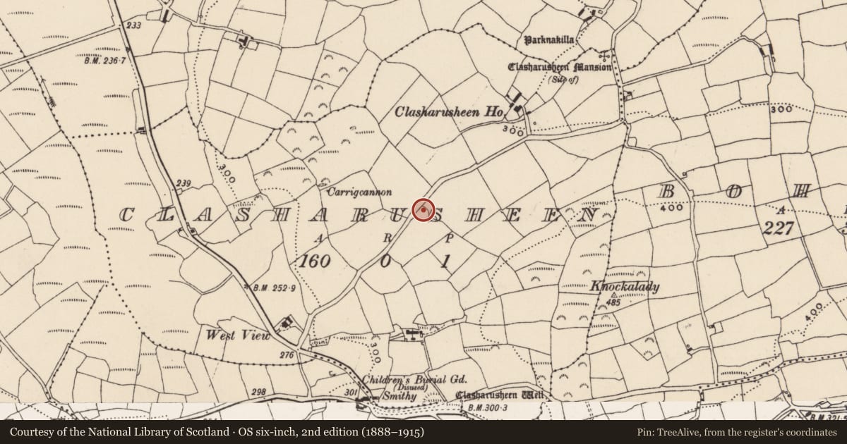 Ordnance Survey six-inch map, 2nd edition (1888–1915) covering the location of Ringfort - rath, Clasharusheen, County Cork, with a pin at the register's coordinates