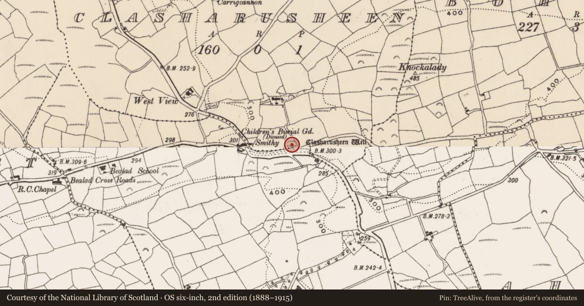 Ordnance Survey six-inch map, 2nd edition (1888–1915) covering the location of Burial ground, Clasharusheen, County Cork, with a pin at the register's coordinates