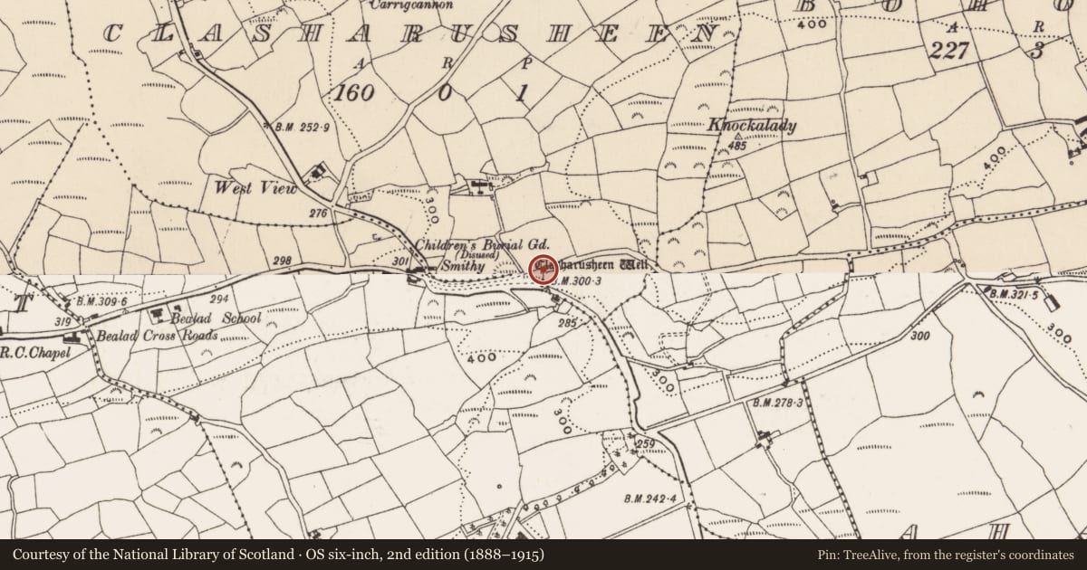Ordnance Survey six-inch map, 2nd edition (1888–1915) covering the location of Ritual site - holy well, Clasharusheen, County Cork, with a pin at the register's coordinates