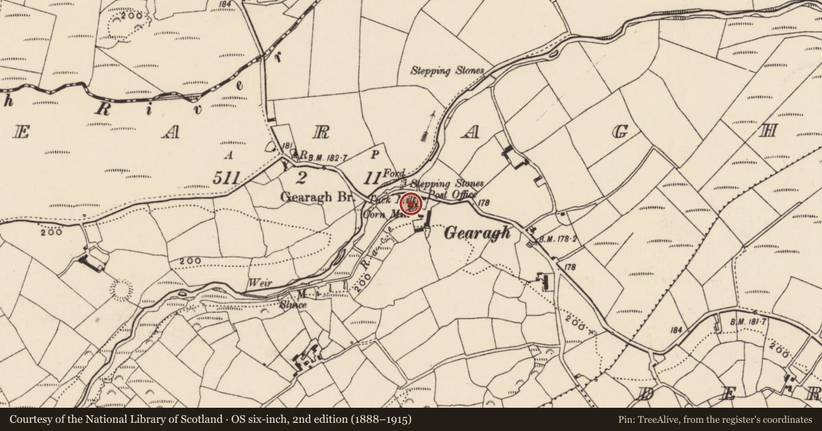 Ordnance Survey six-inch map, 2nd edition (1888–1915) covering the location of Mill - corn, Gearagh, County Cork, with a pin at the register's coordinates