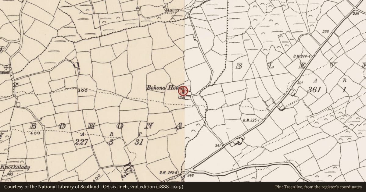 Ordnance Survey six-inch map, 2nd edition (1888–1915) covering the location of Country house, Bohona, County Cork, with a pin at the register's coordinates