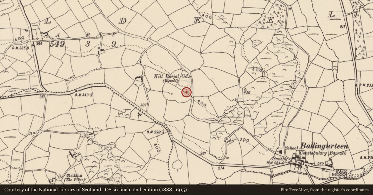 Ordnance Survey six-inch map, 2nd edition (1888–1915) covering the location of Enclosure, Kildee, County Cork, with a pin at the register's coordinates