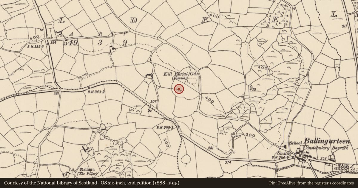 Ordnance Survey six-inch map, 2nd edition (1888–1915) covering the location of Hut site, Kildee, County Cork, with a pin at the register's coordinates