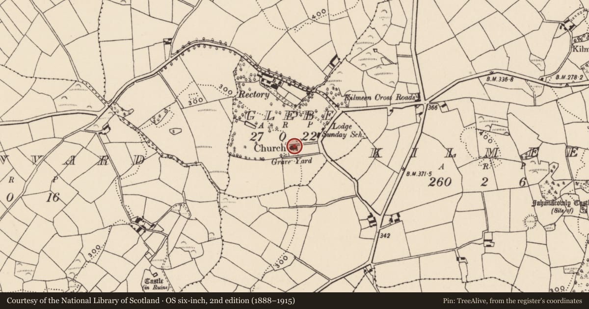 Ordnance Survey six-inch map, 2nd edition (1888–1915) covering the location of Church, Glebe, County Cork, with a pin at the register's coordinates