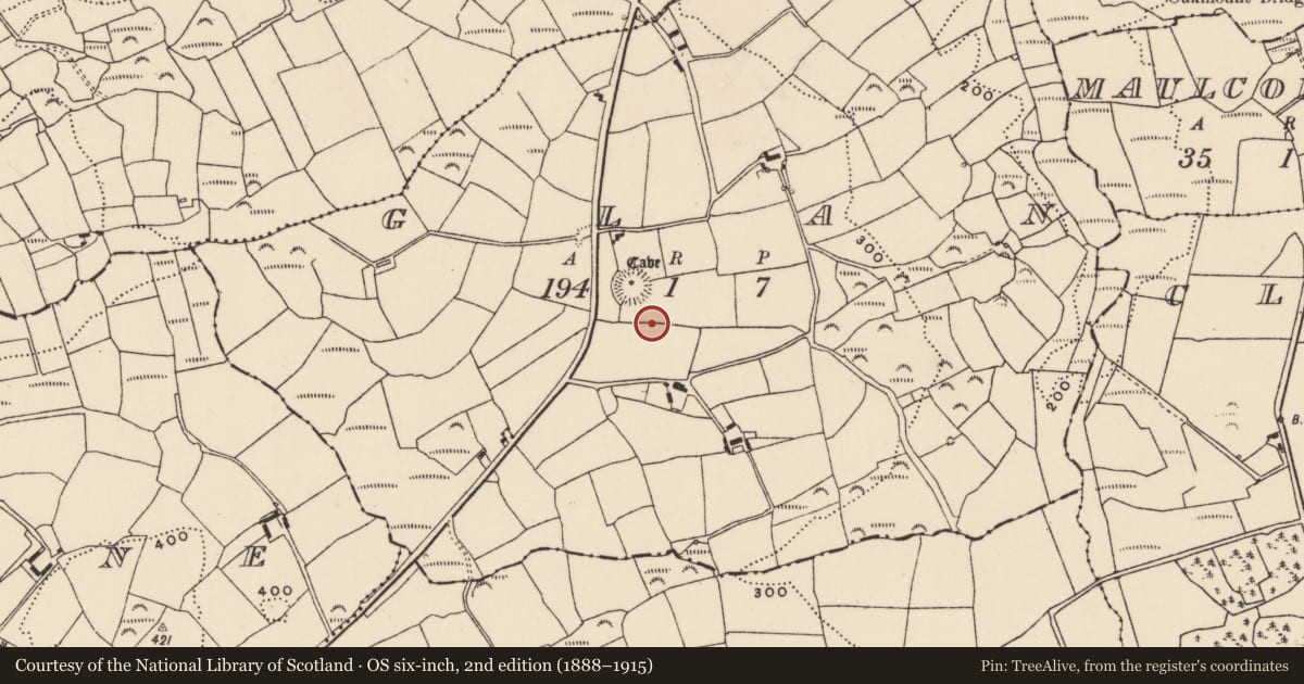 Ordnance Survey six-inch map, 2nd edition (1888–1915) covering the location of Burial ground, Glan, County Cork, with a pin at the register's coordinates