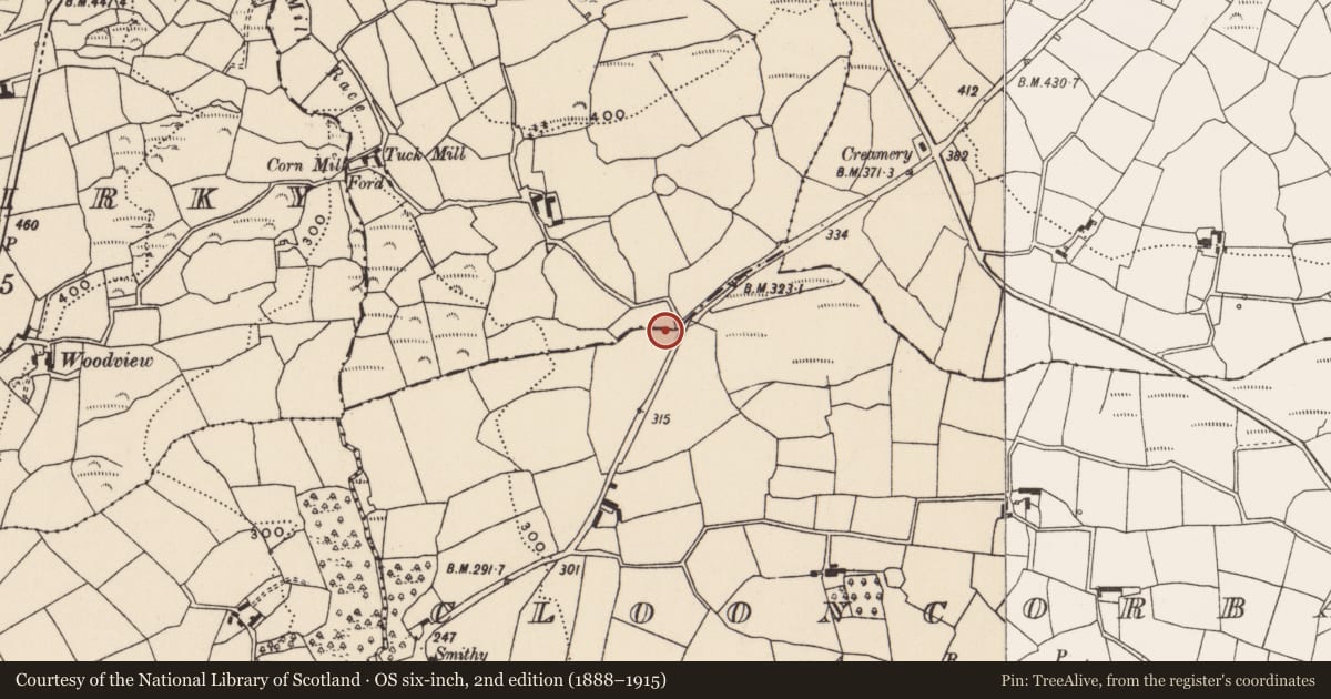 Ordnance Survey six-inch map, 2nd edition (1888–1915) covering the location of Burnt mound, Clooncorban, County Cork, with a pin at the register's coordinates