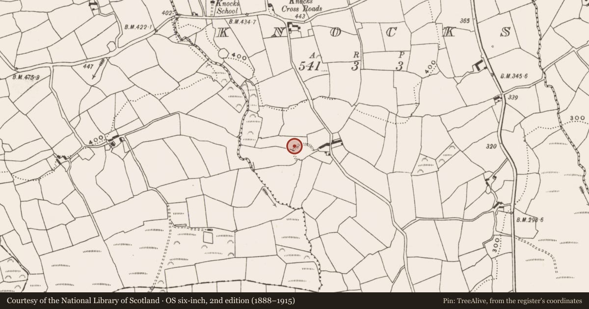 Ordnance Survey six-inch map, 2nd edition (1888–1915) covering the location of Souterrain, Knocks, County Cork, with a pin at the register's coordinates
