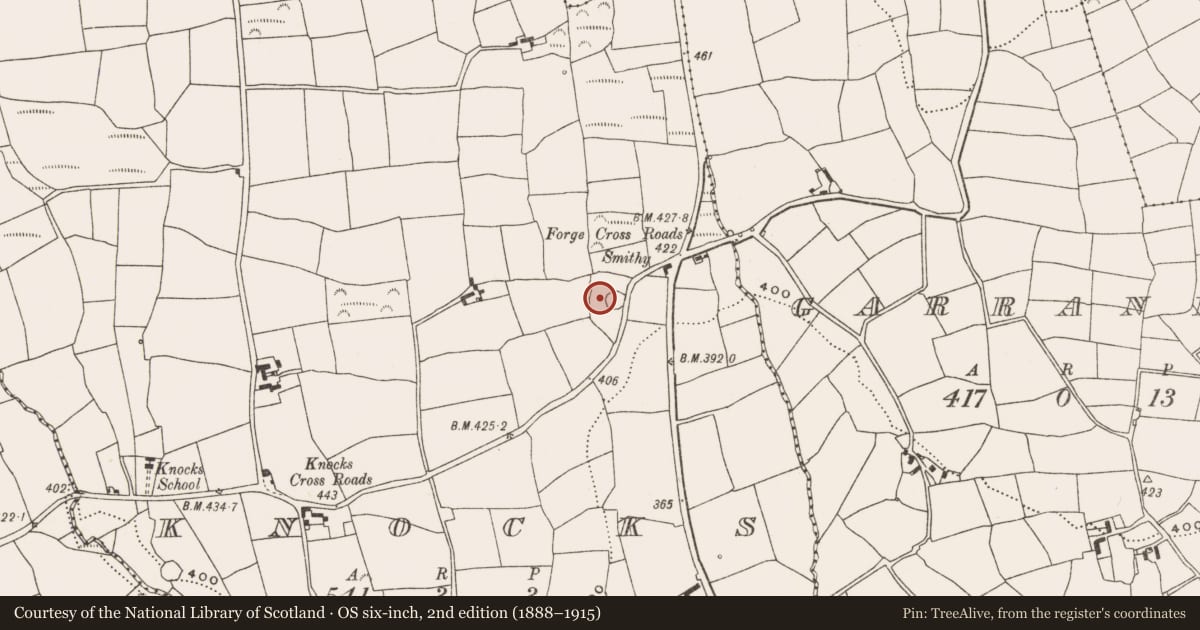 Ordnance Survey six-inch map, 2nd edition (1888–1915) covering the location of Boulder-burial, Knocks, County Cork, with a pin at the register's coordinates