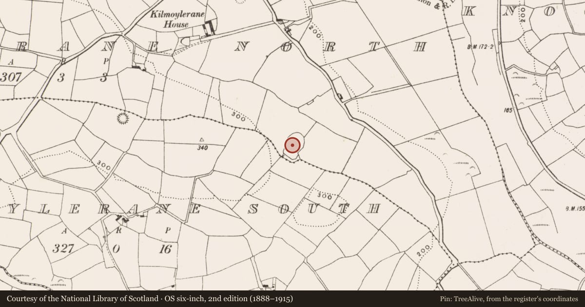Ordnance Survey six-inch map, 2nd edition (1888–1915) covering the location of Enclosure, Kilmoylerane North, County Cork, with a pin at the register's coordinates