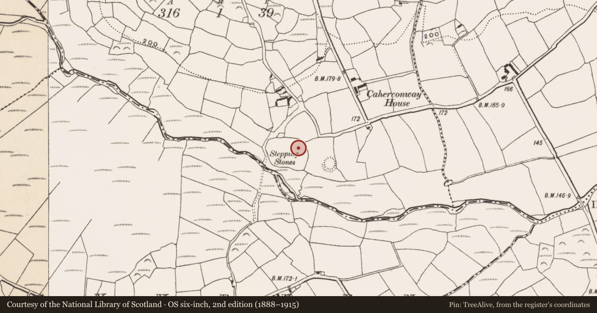 Ordnance Survey six-inch map, 2nd edition (1888–1915) covering the location of Burial ground, Caher (Carbery E. (W.D.) By., Kilmeen Par.), County Cork, with a pin at the register's coordinates